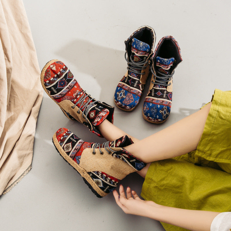 High-top Linen Cloth Shoes Embroidered Lace-up Flanging Color Matching Shoes National Wind Cotton and Linen Booties