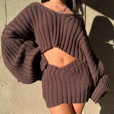 Spice Girl Short Loose Doll Sleeve Knit Sweater Sweater + Cross Knit Bag Hip Skirt Suit Women's Autumn