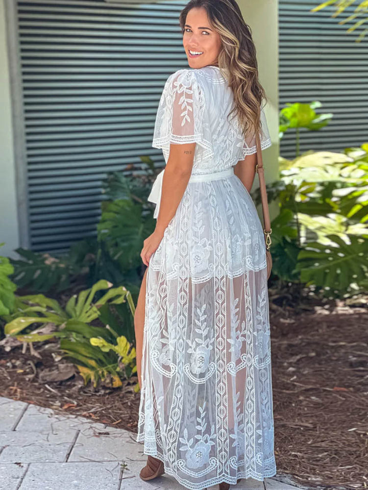 Bohemian V-neck, split embroidered lace dress, resort white maxi dress