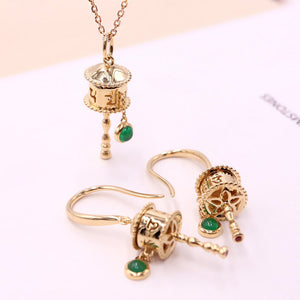 Six-character mantra prayer wheel pendant can be turned to pray for peace and protect necklace & Earrings