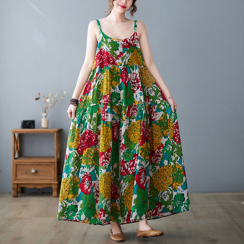 Summer new women's suspender skirt age-reducing cotton and linen large swing cake skirt