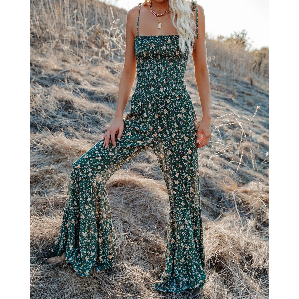 Small floral sexy suspender jumpsuit home flared pants jumpsuit