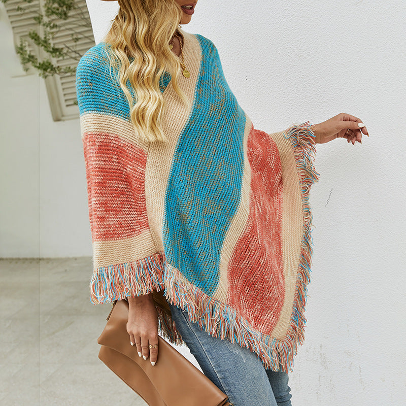 Contrast stripe knitted cape fringed cape