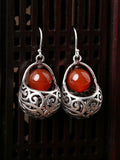 Red agate folk earrings silver earrings retro earrings with cheongsam sterling silver temperament earrings