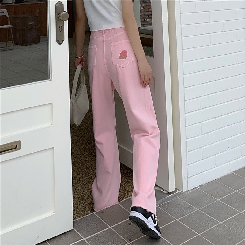 Hose mit weitem Bein und pfirsichfarbener Stickerei in Rosa