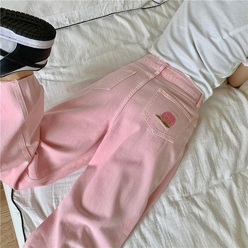 Hose mit weitem Bein und pfirsichfarbener Stickerei in Rosa