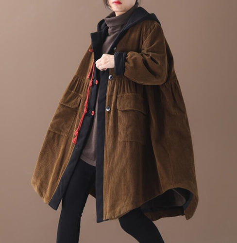 Corduroy Spring Women Casual Padded Coat Loose Hooded A line Parka Plus Size Coat Jacket