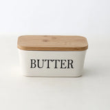 Butterdose aus Porzellan mit Bambusdeckel – Butterdose mit Deckel und Buttermesser für die Arbeitsplatte