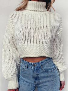 Women High Neck Long Sleeve White Loose Knitted Sweaters