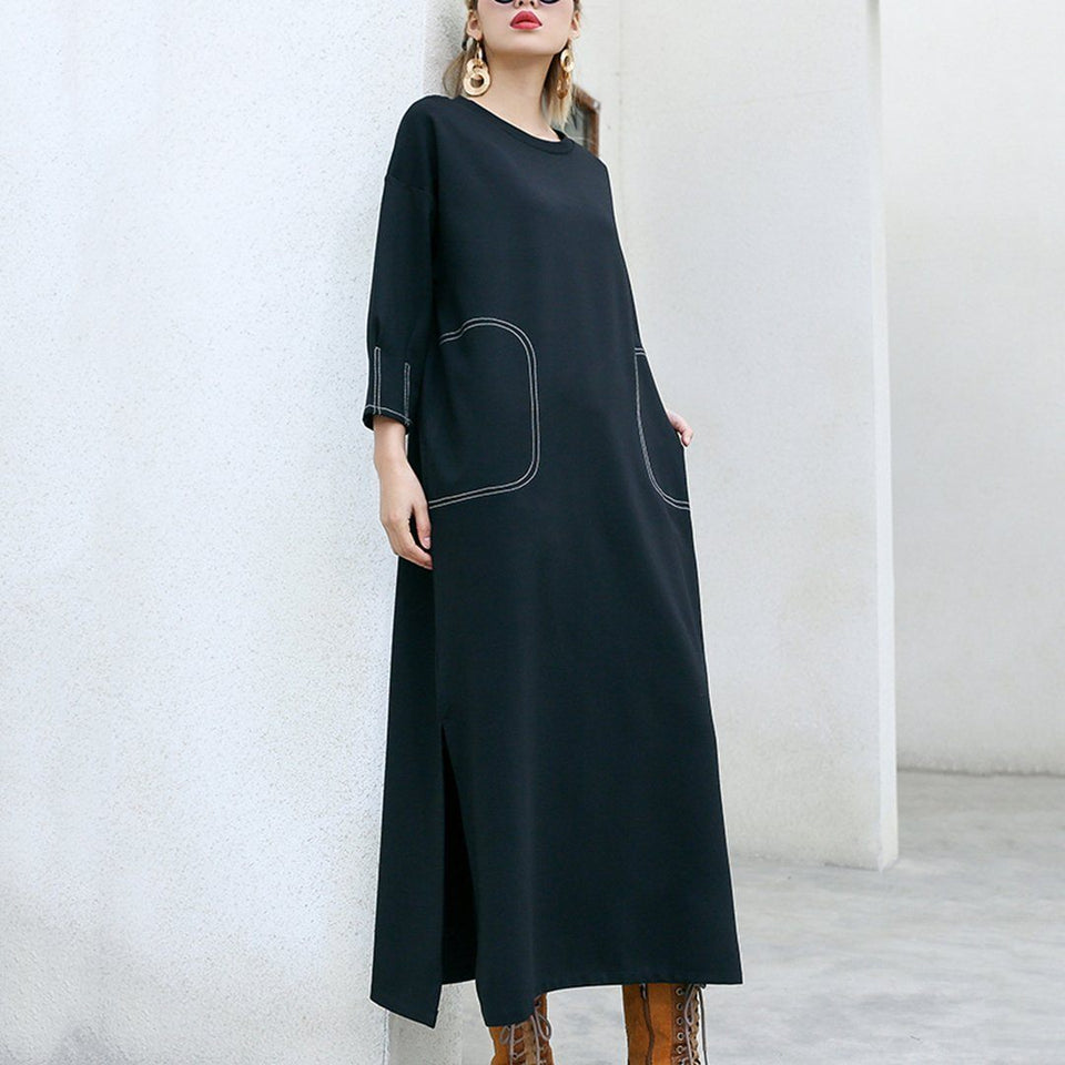 Babakud Solid Sewing Casual Loose Long Sleeve Dress