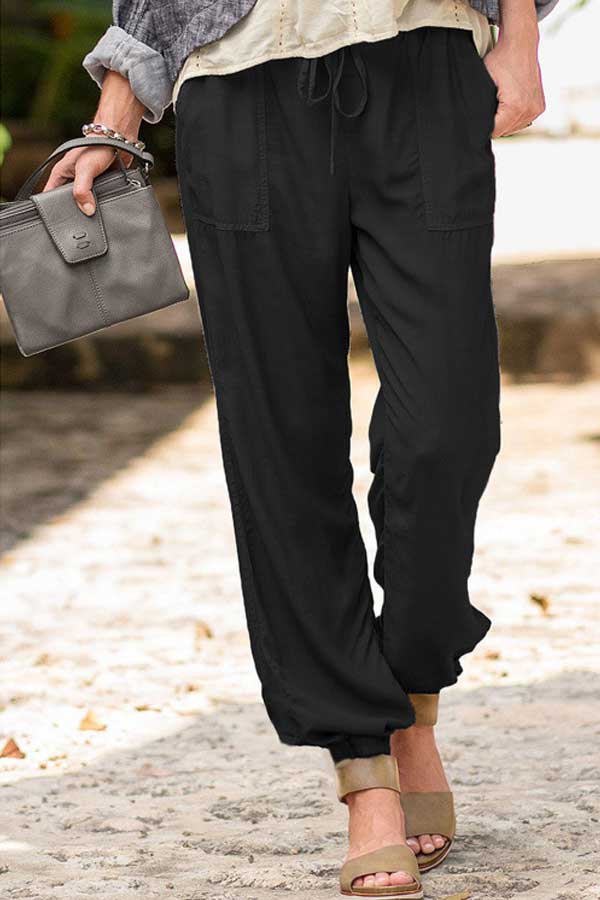 Casual Solid Stretch Drawstring Pocket Trousers