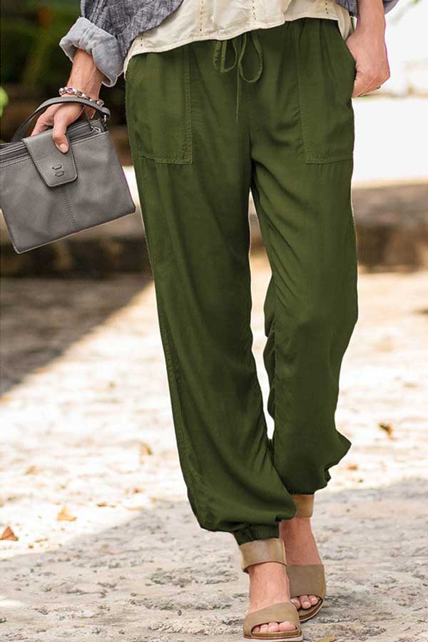 Casual Solid Stretch Drawstring Pocket Trousers