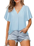 Women’s T-Shirts Solid Color V-Neck Chiffon Loose Short Sleeve T-Shirt