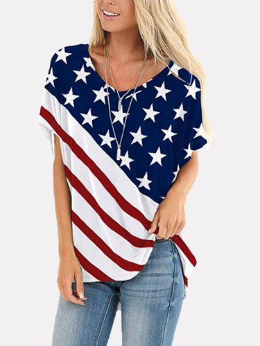 Camisetas informales para mujer con cuello redondo y estampado de estrellas de la bandera americana para mujer