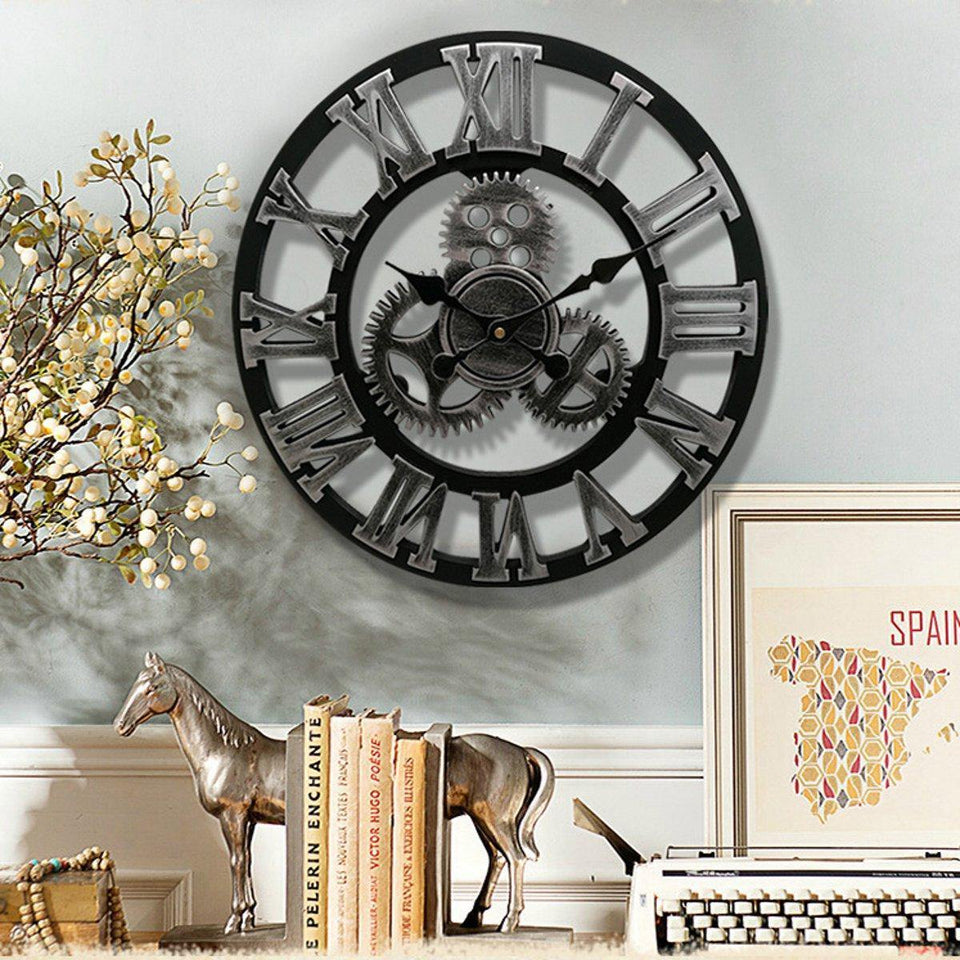 19 Inch Antique Roman Numerals Silent Wall Clock Rustic Wheel Gear Wooden Decor Clock