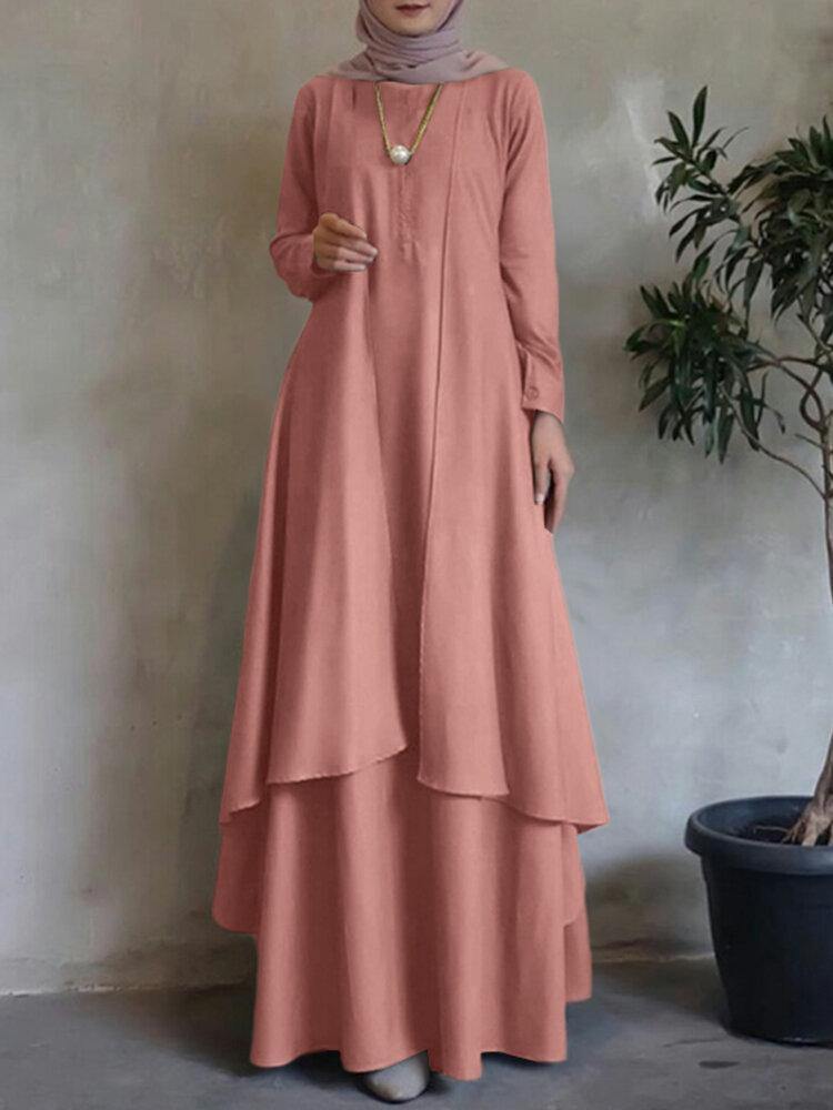 O-Neck Solid Abaya Kaftan Double-layer Design Bohemian Dress For Women