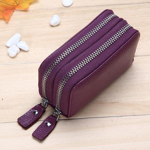 Genuine Leather RFID Double Zipper 11 Card Holder Coin Bag