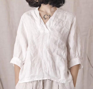Loose Fitting Women Ramie Tops Women Blouse Linen Tops Short Sleeves Loose Style H9505