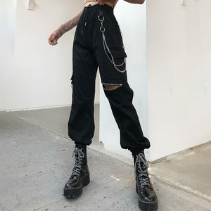 Alt E Girl Pantalones cargo góticos con cadena de metal negro