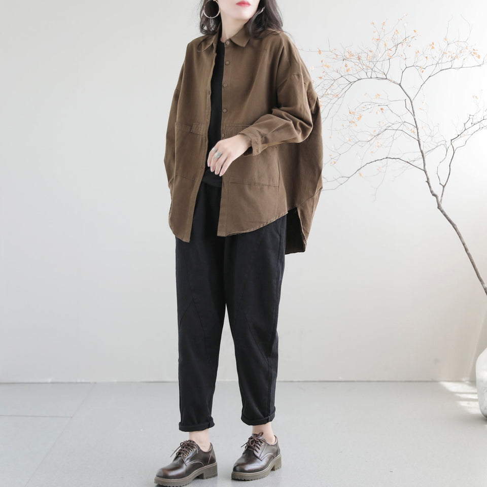 Women Retro Loose Autumn Solid Cotton Jacket