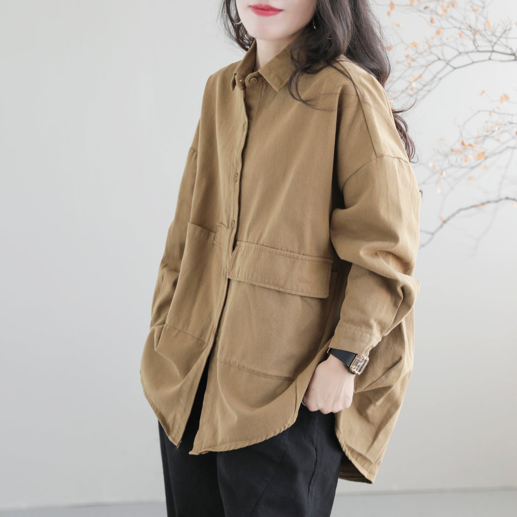 Women Retro Loose Autumn Solid Cotton Jacket