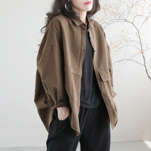 Women Retro Loose Autumn Solid Cotton Jacket