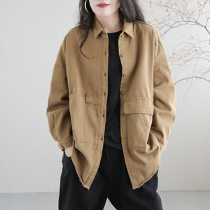 Women Retro Loose Autumn Solid Cotton Jacket